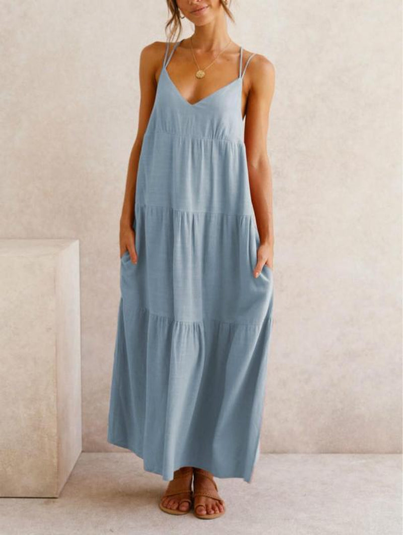 Women’S Wedding Deep V Neck Formal Dress Loose Plain Maxi Casual Backless Cami Dresses with Two Pockets