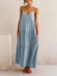 Women’S Wedding Deep V Neck Formal Dress Loose Plain Maxi Casual Backless Cami Dresses with Two Pockets
