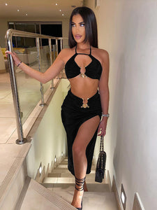 Townlike Sexy Two Piece Set Halter Crop Top and Split Maxi Long Skirts Slim 2 Pieces Sets Women 2022 Summer Club Party Outfits