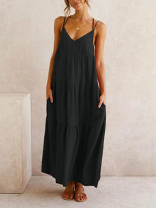 Women’S Wedding Deep V Neck Formal Dress Loose Plain Maxi Casual Backless Cami Dresses with Two Pockets