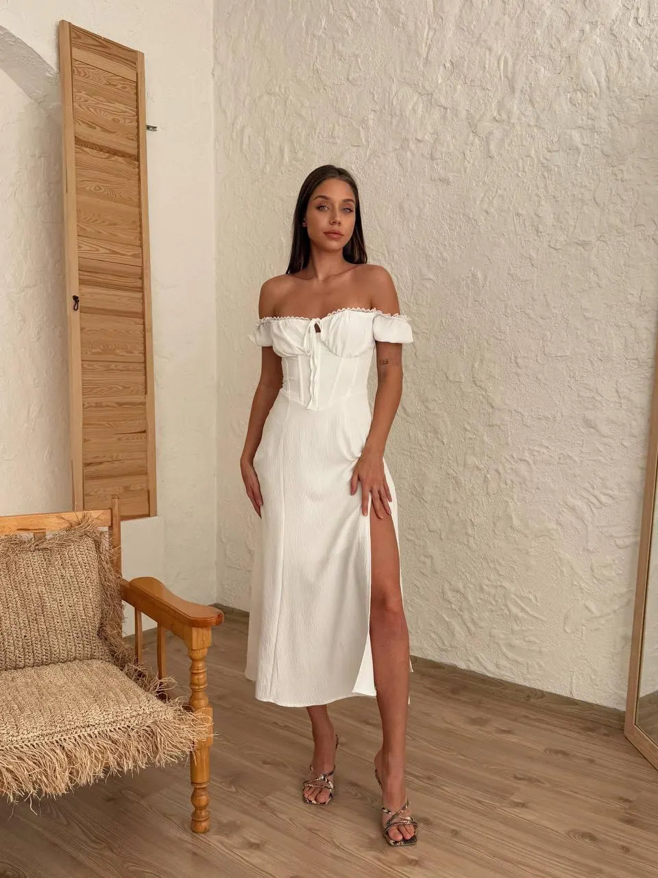 Bohemian White Midi Dress - off the Shoulder Boho Beach Wedding Dress, Goddess Hippie Gypsy Sundress, Bridesmaid Dress for Summer Festivals