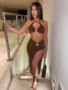 Townlike Sexy Two Piece Set Halter Crop Top and Split Maxi Long Skirts Slim 2 Pieces Sets Women 2022 Summer Club Party Outfits