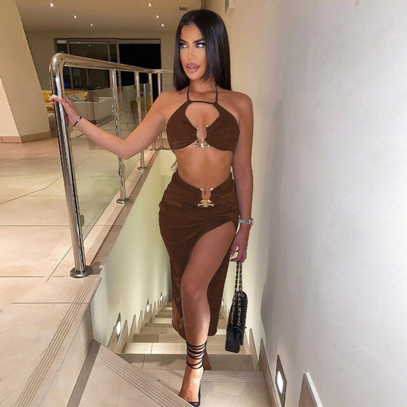 Townlike Sexy Two Piece Set Halter Crop Top and Split Maxi Long Skirts Slim 2 Pieces Sets Women 2022 Summer Club Party Outfits