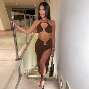 Townlike Sexy Two Piece Set Halter Crop Top and Split Maxi Long Skirts Slim 2 Pieces Sets Women 2022 Summer Club Party Outfits