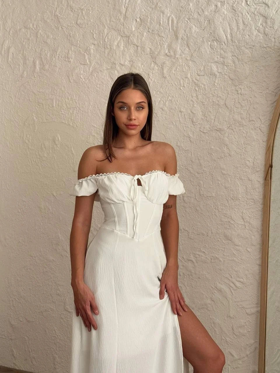 Bohemian White Midi Dress - off the Shoulder Boho Beach Wedding Dress, Goddess Hippie Gypsy Sundress, Bridesmaid Dress for Summer Festivals