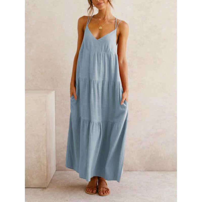 Women’S Wedding Deep V Neck Formal Dress Loose Plain Maxi Casual Backless Cami Dresses with Two Pockets