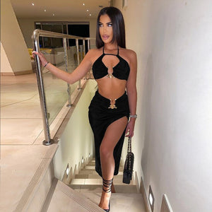 Townlike Sexy Two Piece Set Halter Crop Top and Split Maxi Long Skirts Slim 2 Pieces Sets Women 2022 Summer Club Party Outfits