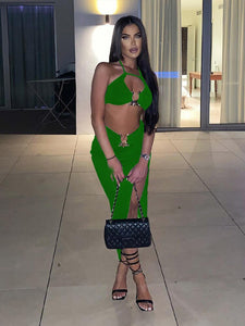 Townlike Sexy Two Piece Set Halter Crop Top and Split Maxi Long Skirts Slim 2 Pieces Sets Women 2022 Summer Club Party Outfits