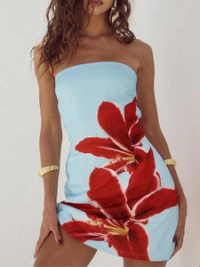 Women'S Floral Print Bodycon Dress, Fashion Casual Sleeveless Tube Dress for Daily Outdoor Wear, Women Dress for Spring Fall