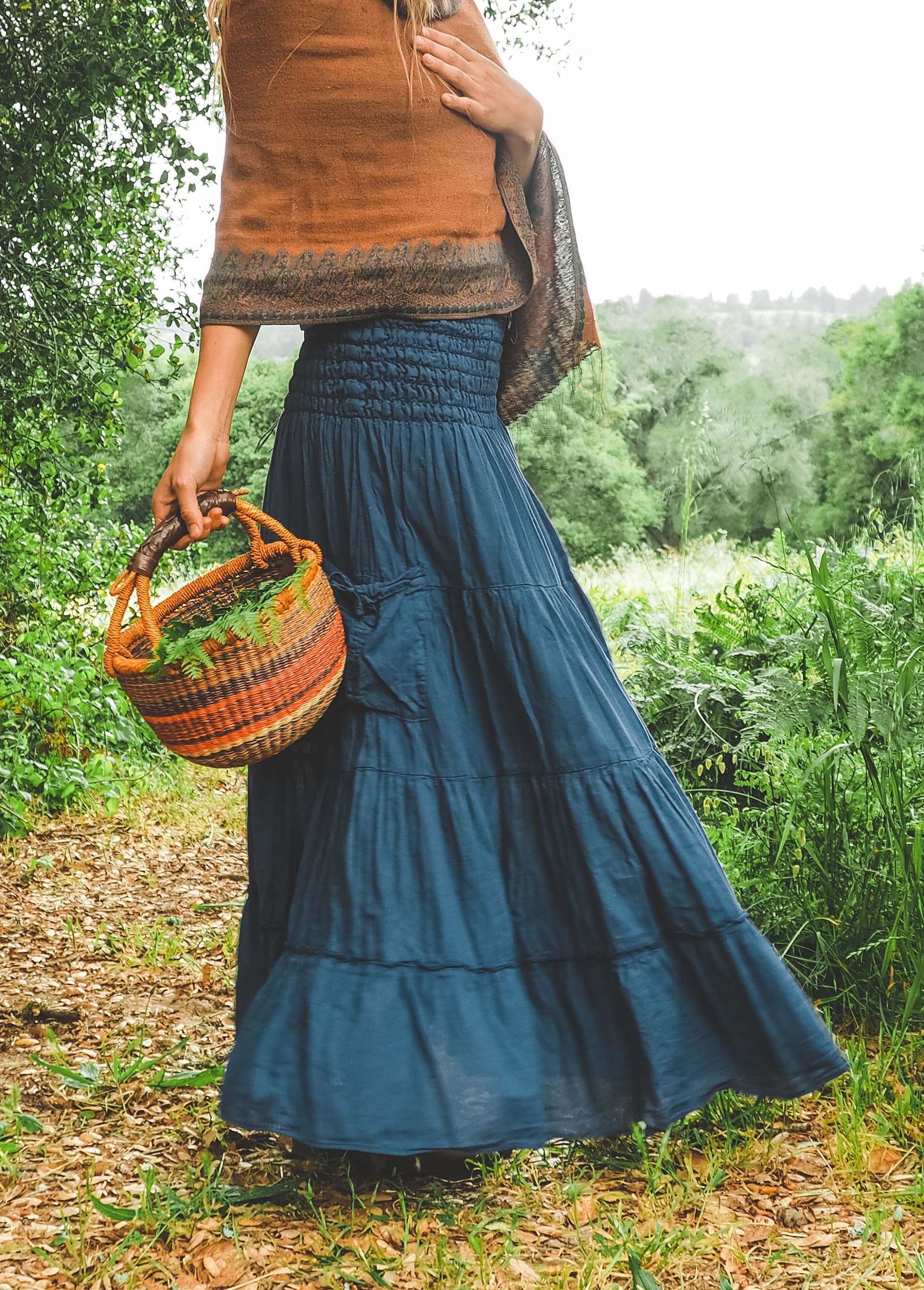 Cotton Maxi Skirt | Flowy Tiered Skirt with Pockets | Boho Summer Travel Fashion
