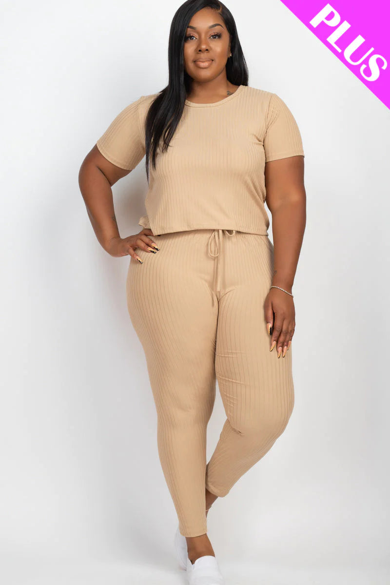 Plus Size Ribbed Short Sleeve Top & Leggings Set (CAPELLA)