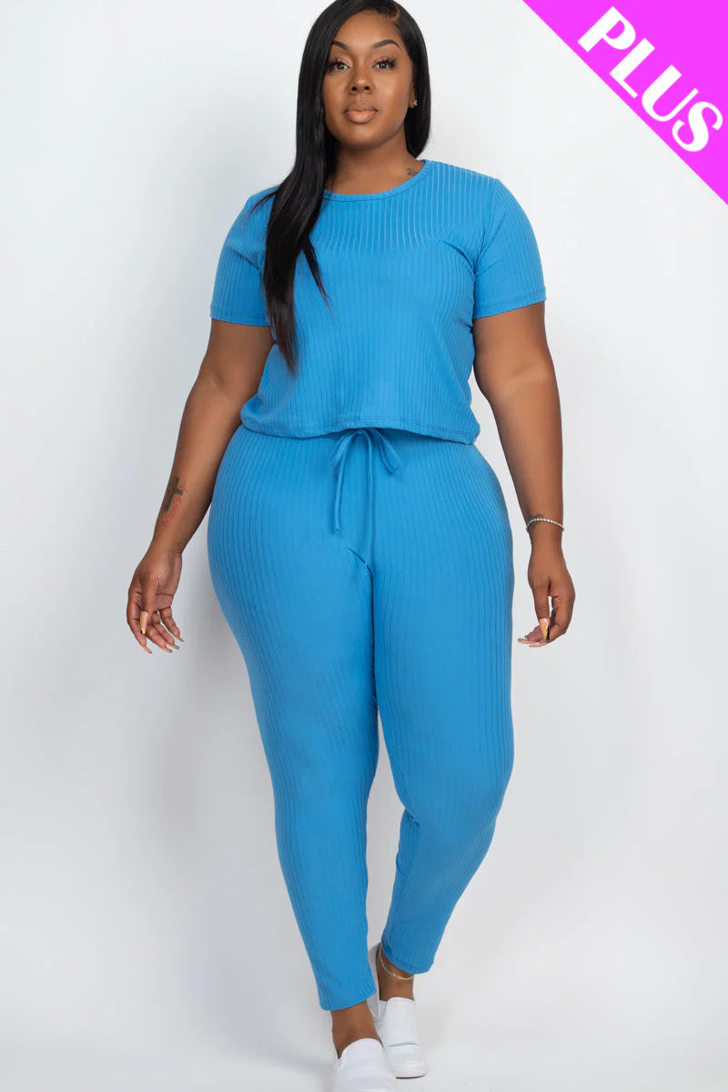 Plus Size Ribbed Short Sleeve Top & Leggings Set (CAPELLA)