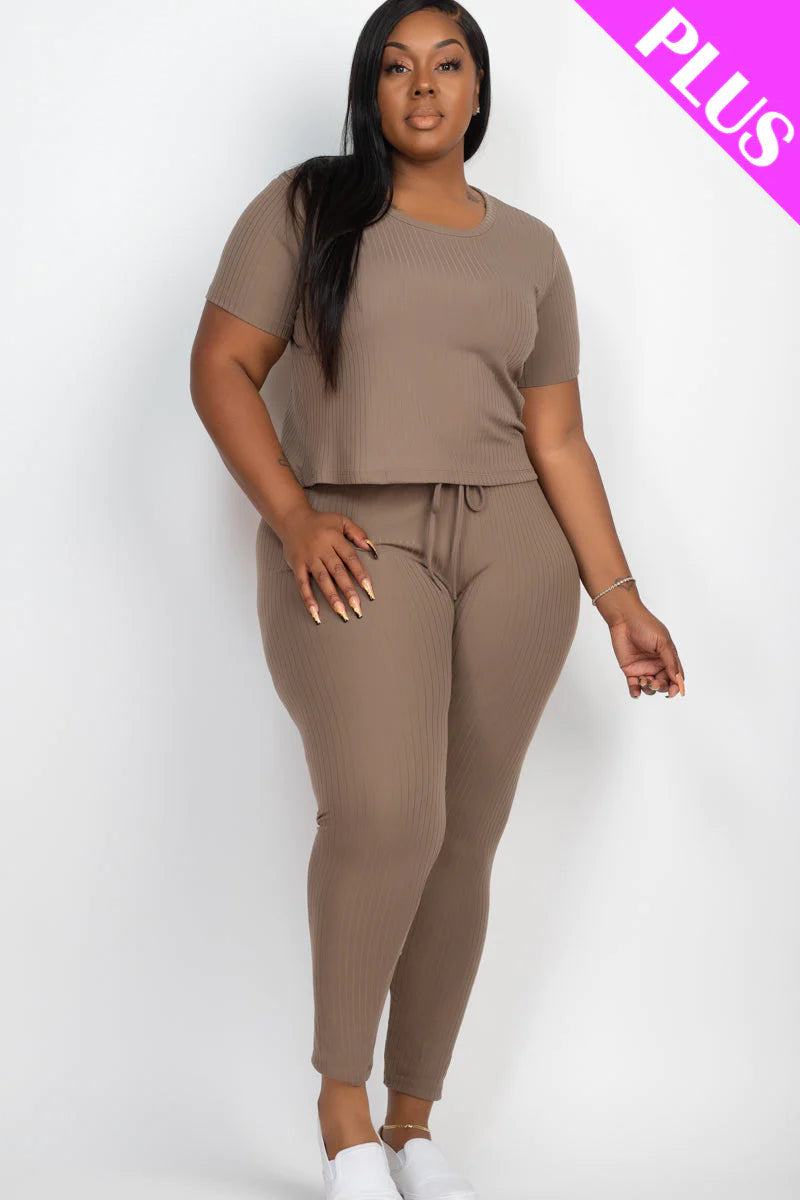 Plus Size Ribbed Short Sleeve Top & Leggings Set (CAPELLA)