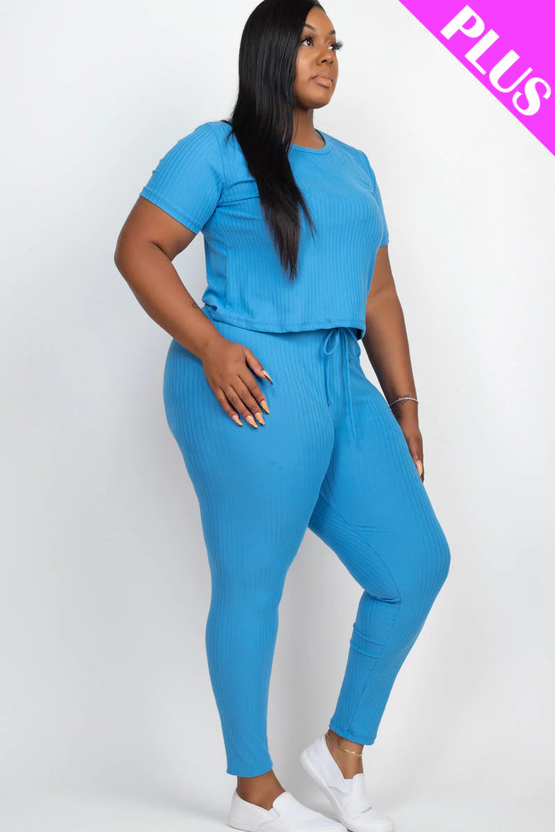 Plus Size Ribbed Short Sleeve Top & Leggings Set (CAPELLA)