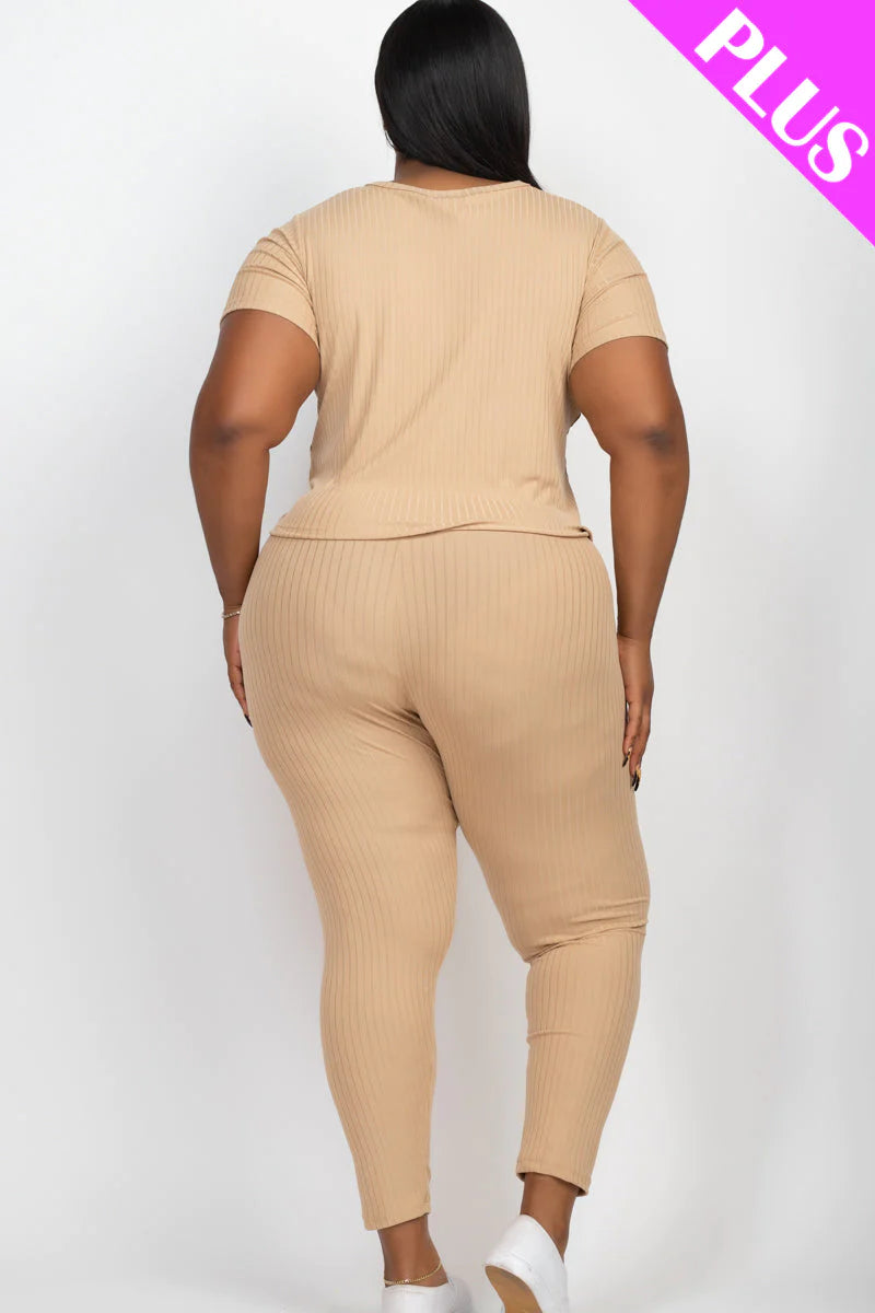 Plus Size Ribbed Short Sleeve Top & Leggings Set (CAPELLA)