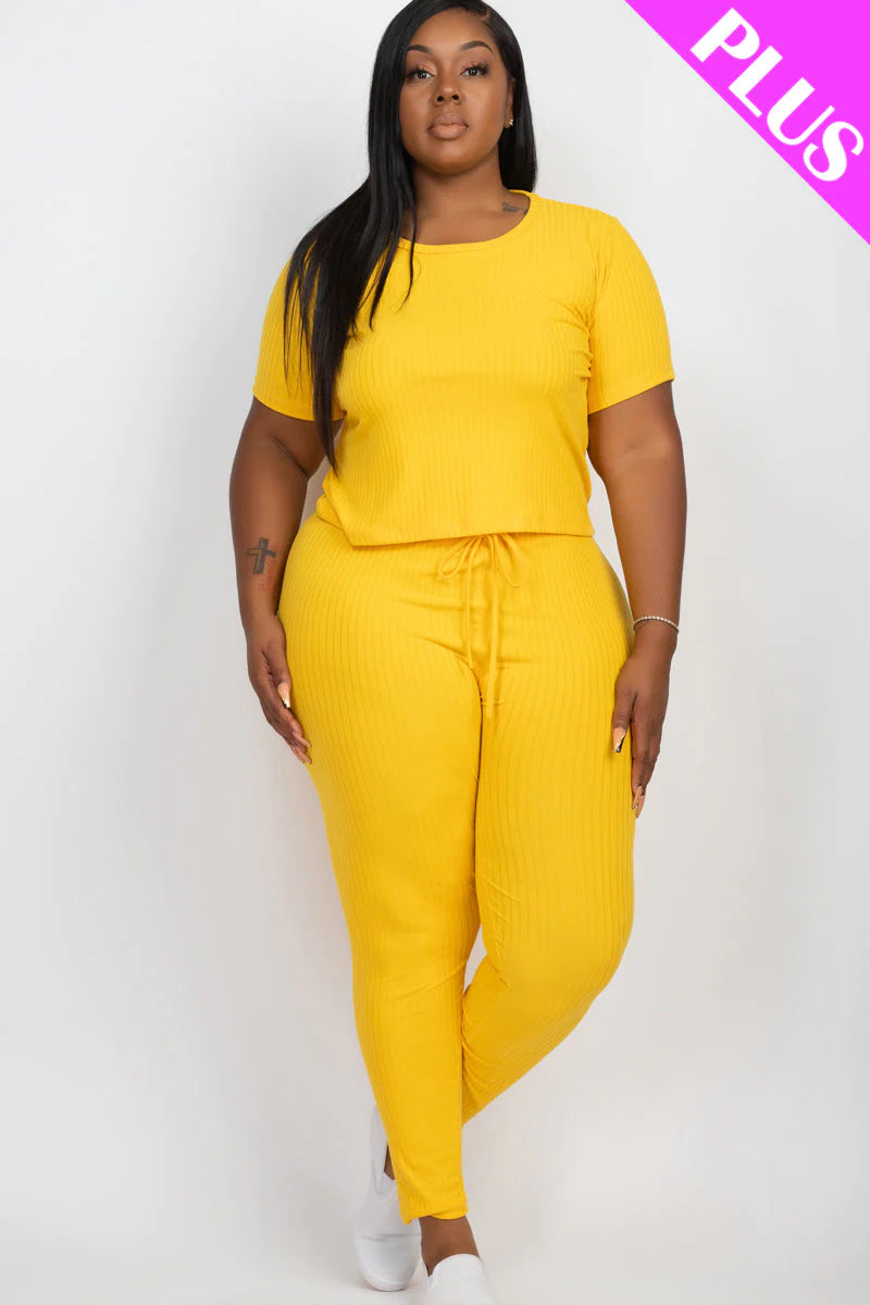 Plus Size Ribbed Short Sleeve Top & Leggings Set (CAPELLA)