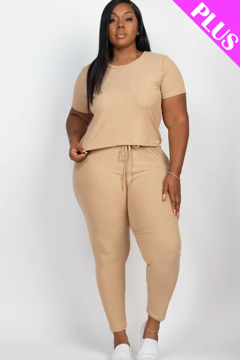 Plus Size Ribbed Short Sleeve Top & Leggings Set (CAPELLA)