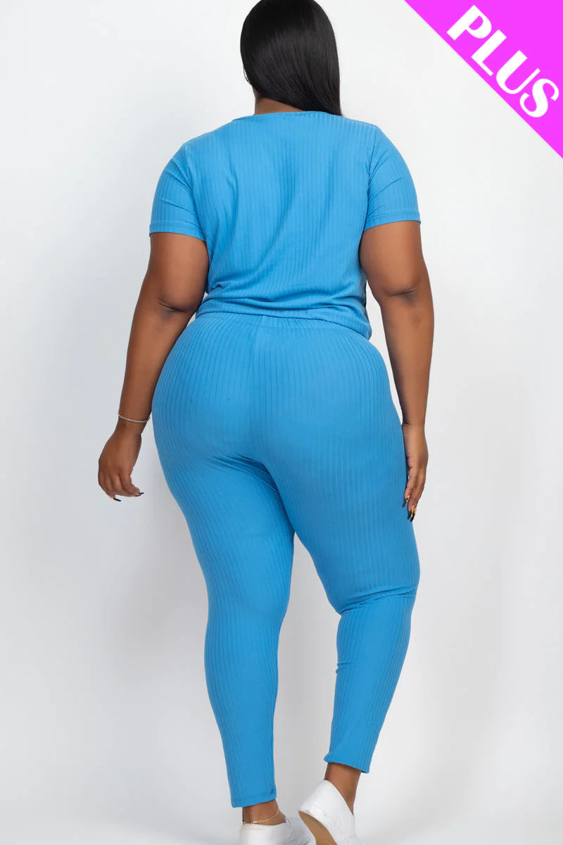 Plus Size Ribbed Short Sleeve Top & Leggings Set (CAPELLA)