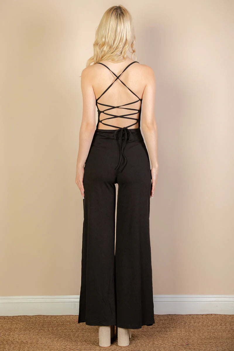 Ribbed Cowl Neck Backless Split Wide Leg Jumpsuit (CAPELLA)