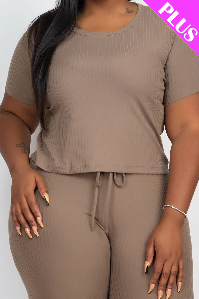 Plus Size Ribbed Short Sleeve Top & Leggings Set (CAPELLA)