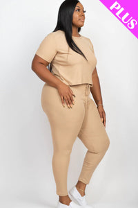 Plus Size Ribbed Short Sleeve Top & Leggings Set (CAPELLA)